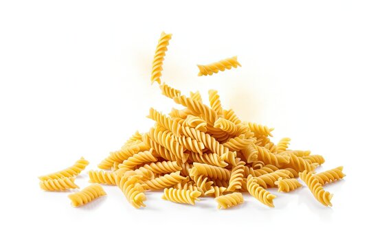Raw Italian pasta types Fusilli and Rotini falling and separated on a white background with precise outlining and detailed focus