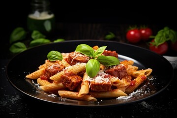 Sausage penne pasta served with tomato sauce parmesan and basil on black plate