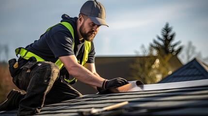 A skilled roofer replacing shingles on a house's roof. Roof maintenance, home improvement, roofing expertise, shingle replacement, roof repair, skilled craftsmanship. Generated by AI.