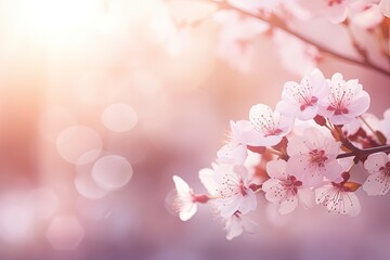 Springtime scene featuring a blooming tree sun flare and abstract background