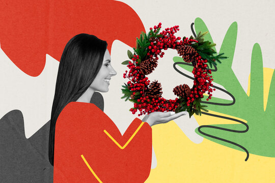 Abstract creative art template collage of funny female hold wreath christmas new year greeting card template holiday x-mas congratulation