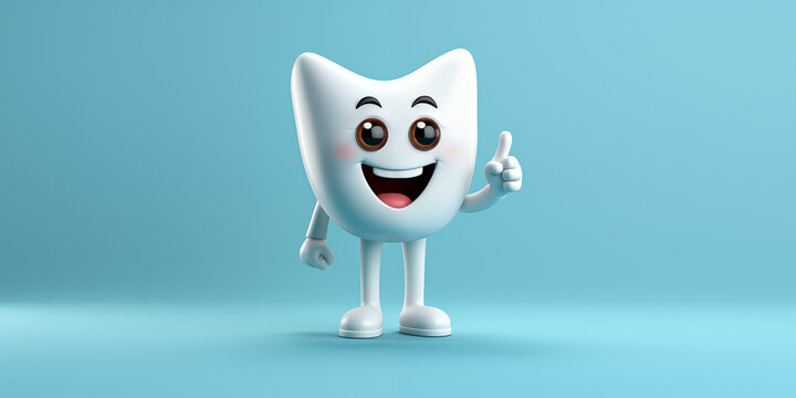 Lachender lustiger Smiley Kopf in Zahnform und gro&szlig;en Augen in wei&szlig; Cartoon in Querformat als Banner, ai generativ
