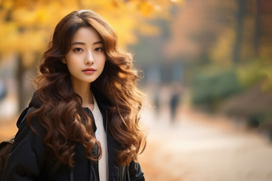 Autumn portrait of Asian girl in the park. Copy space for text