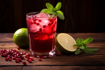 A thirst-quenching glass of pomegranate blend adorned with mint and lime on a vintage wooden surface