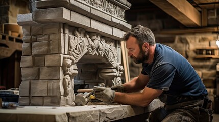 An experienced stone mason expertly building an impressive stone fireplace. Expert masonry, fireplace creation, masterful craftsmanship, inviting grandeur, timeless elegance. Generated by AI. - obrazy, fototapety, plakaty