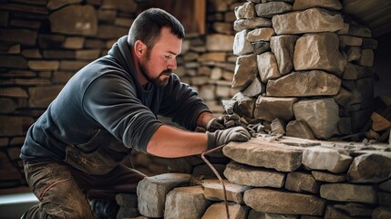 A dedicated stone mason at work. Fireplace artistry, stonework excellence, dedicated craftsmanship, cozy allure, enduring elegance. Generated by AI. - obrazy, fototapety, plakaty