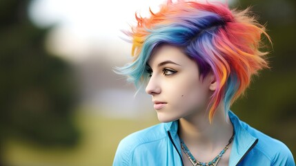 A young teen with a playful and bold look. Hair color experimentation, youthful boldness, temporary style, fun and artistic appearance. Generated by AI. - obrazy, fototapety, plakaty