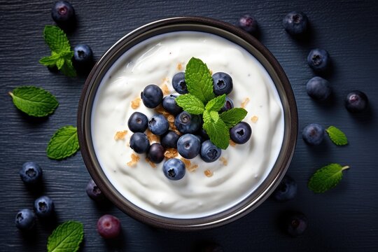Tasty yogurt in a casserole dish closeup of fresh and healthy yogurt from above