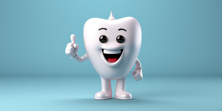 Lachender lustiger Smiley Kopf in Zahnform und gro&szlig;en Augen in wei&szlig; Cartoon in Querformat als Banner, ai generativ
