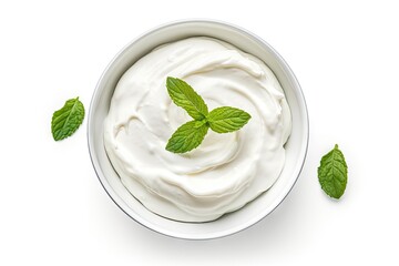 Yogurt cream bowl with basil leaves white background top view - obrazy, fototapety, plakaty