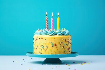 Yellow background with blue buttercream birthday cake and colorful sprinkles - obrazy, fototapety, plakaty
