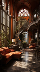 interior of an orange design with plants, stairs and windows in it. gothic romanticism. AI generated