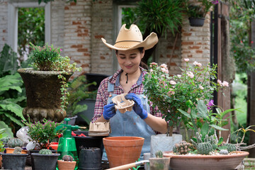 Asian woman gardener using biodegradable paper planting ornamental flowers in plant potted, gardening shop owner worker happy planting Lisianthus flowers mixing coaster paper and soil save the world
