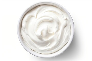 Top view of isolated Greek yogurt in white bowl