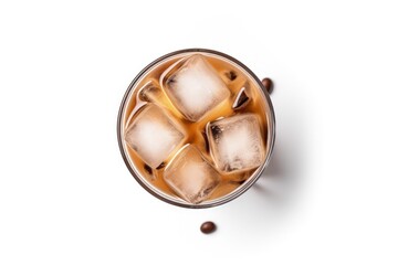 Top view of isolated glass of iced coffee on white background
