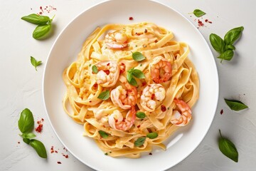 Top view of plate with creamy shrimp fettuccine