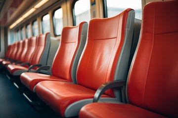 Comfortable seats in empty modern passenger train. Nobody travel cabin comfort. Generate Ai
