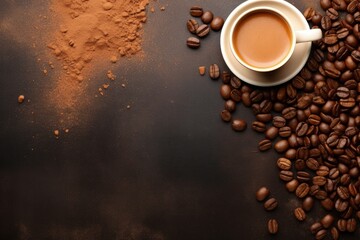 Top view of roasted coffee beans brown sugar and hot espresso coffee Copy space available