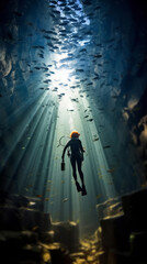 Fototapeta premium Scuba diving in tropical ocean. Beautiful bright sunlight and beams.