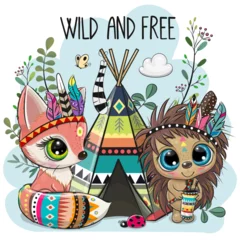Poster Chambre d enfant Cartoon tribal Fox and Hedgehog with feathers