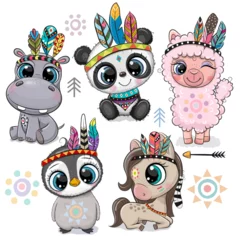 Stickers muraux Chambre d enfant Cartoon tribal animals with feathers isolated on white backround