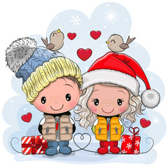 Winter illustration Cute Boy and Girl in hats and coats