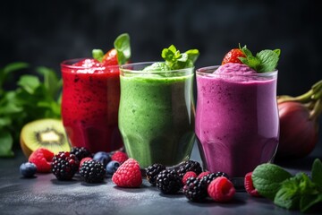 Vibrant smoothies for a healthy lifestyle incorporating green purple and red hues and ingredients...