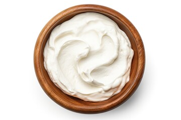 White isolated wooden bowl with sour cream on top Dairy