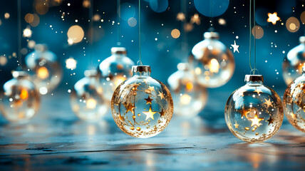 Fototapeta na wymiar Christmas and New Year holidays background with golden and blue balls. Christmas tree decorations on a blue background. 3d rendering. Generative AI technology.