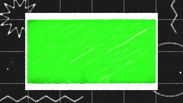 4K green screen drawn frame on black background with geometric shapes. Scribble and roughened texture background. Looped animation