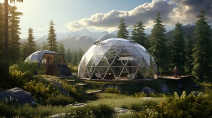 A geodesic dome enclosing a self-sustained, off-grid living environment - obrazy, fototapety, plakaty