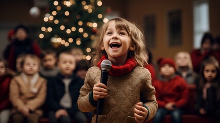 Kindergarten Christmas event. Little kid, full of joy and excitement, sings a festive carol and gives a speech. The cute, happy children perform in front of audience, creating a holiday atmosphere. - obrazy, fototapety, plakaty