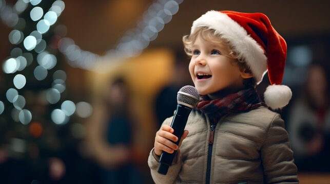 Kindergarten Christmas event. Little kid, full of joy and excitement, sings a festive carol and gives a speech. The cute, happy children perform in front of audience, creating a holiday atmosphere.