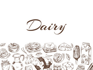 Vintage monochrome dairy produce template, hand-drawn. Eco food. Sketch illustration. Engraved image. Template with an empty space.