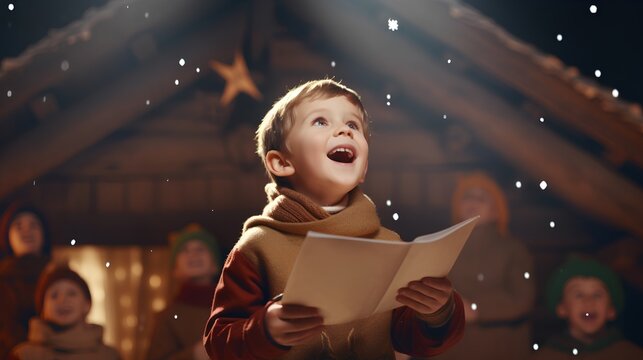 Kindergarten Christmas event. Little kid, full of joy and excitement, sings a festive carol and gives a speech. The cute, happy children perform in front of audience, creating a holiday atmosphere.