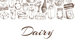 Vintage monochrome dairy produce template, hand-drawn. Eco food. Sketch illustration. Engraved image. Template with an empty space.
