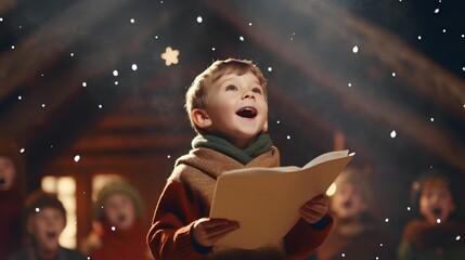 Kindergarten Christmas event. Little kid, full of joy and excitement, sings a festive carol and gives a speech. The cute, happy children perform in front of audience, creating a holiday atmosphere. - obrazy, fototapety, plakaty