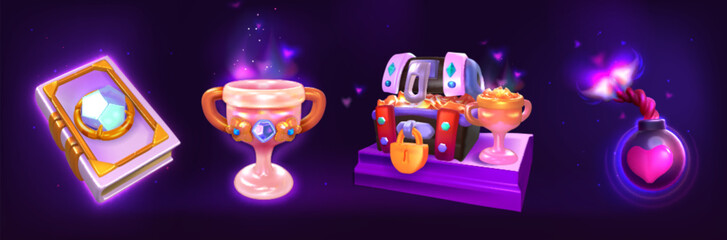 Fantasy props, game assets cartoon vector set. Magic book with gem, ancient treasure chest with golden coins, bomb and trophy with gemstones. Ancient gui design elements isolated on dark background. © redgreystock