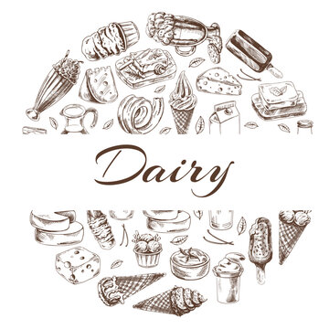 Vintage set of hand drawn monochrome dairy produce icons. Elements in circle. Eco food. Sketch illustration. Engraved image.