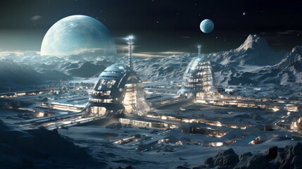 A lunar colony illuminated by the soft glow of sustainable energy sources - obrazy, fototapety, plakaty