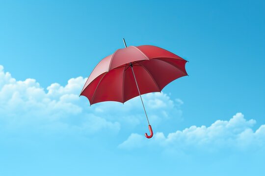 A red umbrella flies in the blue sky. Weather forecast concept.