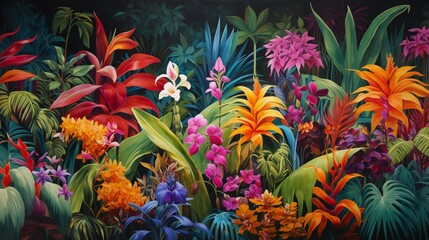 A lush tropical garden, with oversized leaves and exotic blooms creating a vibrant tapestry of color and texture