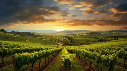 Fotobehang a lush, emerald-green vineyard, rows of grapevines extending to the horizon, bathed in the soft glow of the setting sun © Muhammad