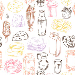 Seamless pattern of hand drawn dairy produce. Eco food. Vector illustrations in sketch style. Engraving style.