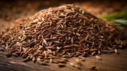 Fragrant caraway seeds provide a unique blend of earthy warmth and a hint of anise-like flavor. Culinary versatility, aromatic warmth, flavor enhancement, natural seasoning. Generated by AI. - obrazy, fototapety, plakaty