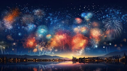 Fireworks bursting in the sky at the stroke of midnight. Midnight exhilaration, dazzling display, new year's possibilities, joyful commencement. Generated by AI.