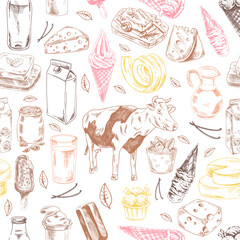 Seamless pattern of hand drawn dairy produce. Eco food. Vector illustrations in sketch style. Engraving style.