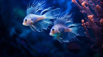 Underwater close-up of glowing fish. Animal sea life at night.