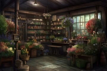 Fototapeta na wymiar Flower shop stall inside. Market business floral summer nature. Generate Ai