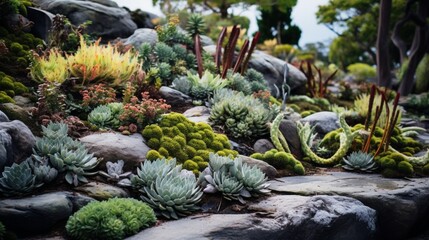 A meticulously designed rock garden, where weathered stones create a rugged landscape for a variety of hardy succulents